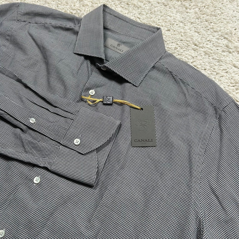 Canali Dress Shirt 17 43 Black White Micro Houndstooth Cotton Made in Italy NEW